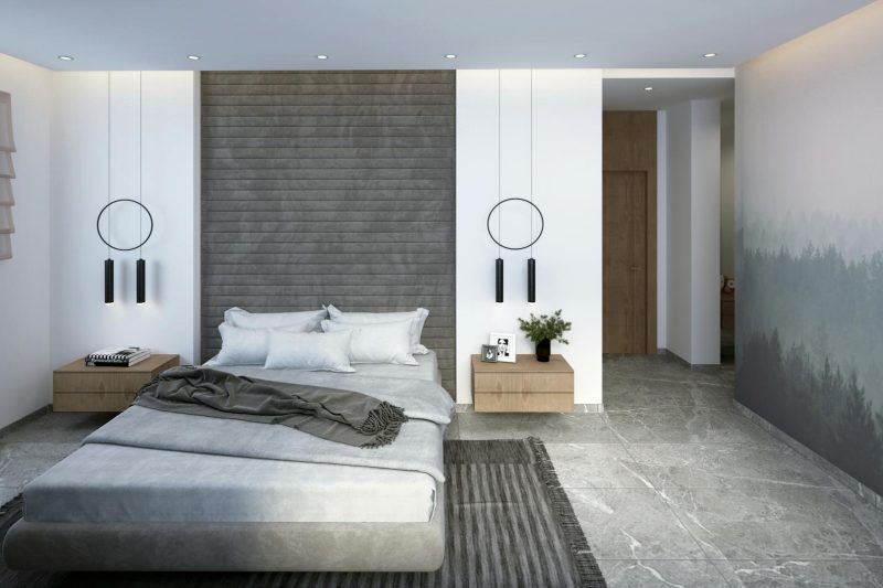 Explore a sleek and minimalist bedroom interior with stylish